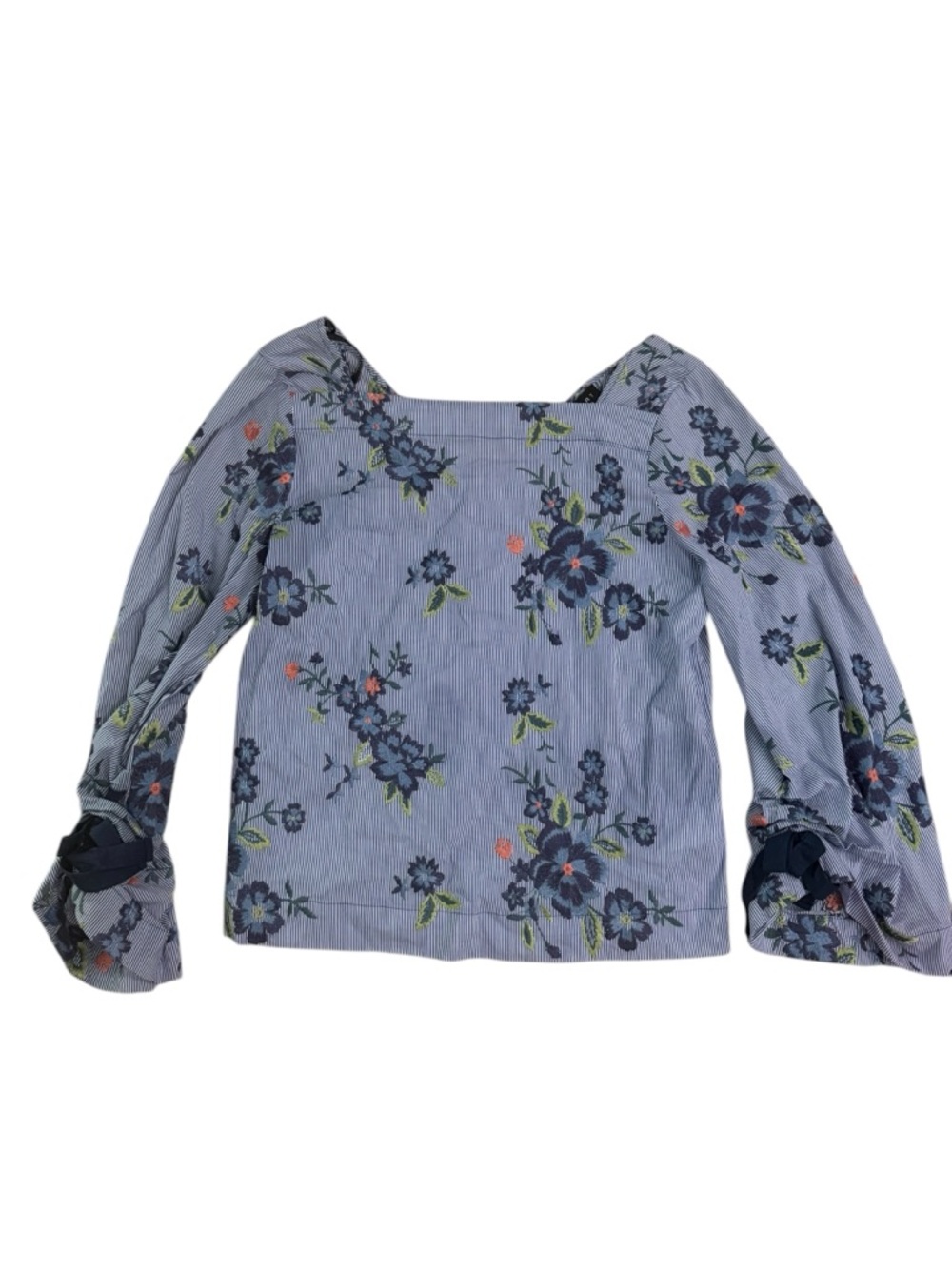 Laundry By Shelli Segal Striped Floral Embroidered Ruched Cuff Blouse -  blue L